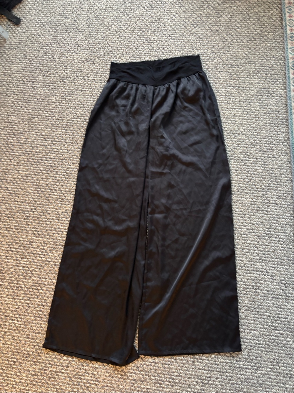 Black Wide-Leg Satin Pants with Stretch Waistband